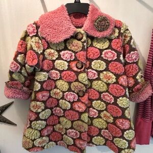Corky & Company Girls 6 Winter Coat Pink Flowers Brown Wool Polyester Arcylic